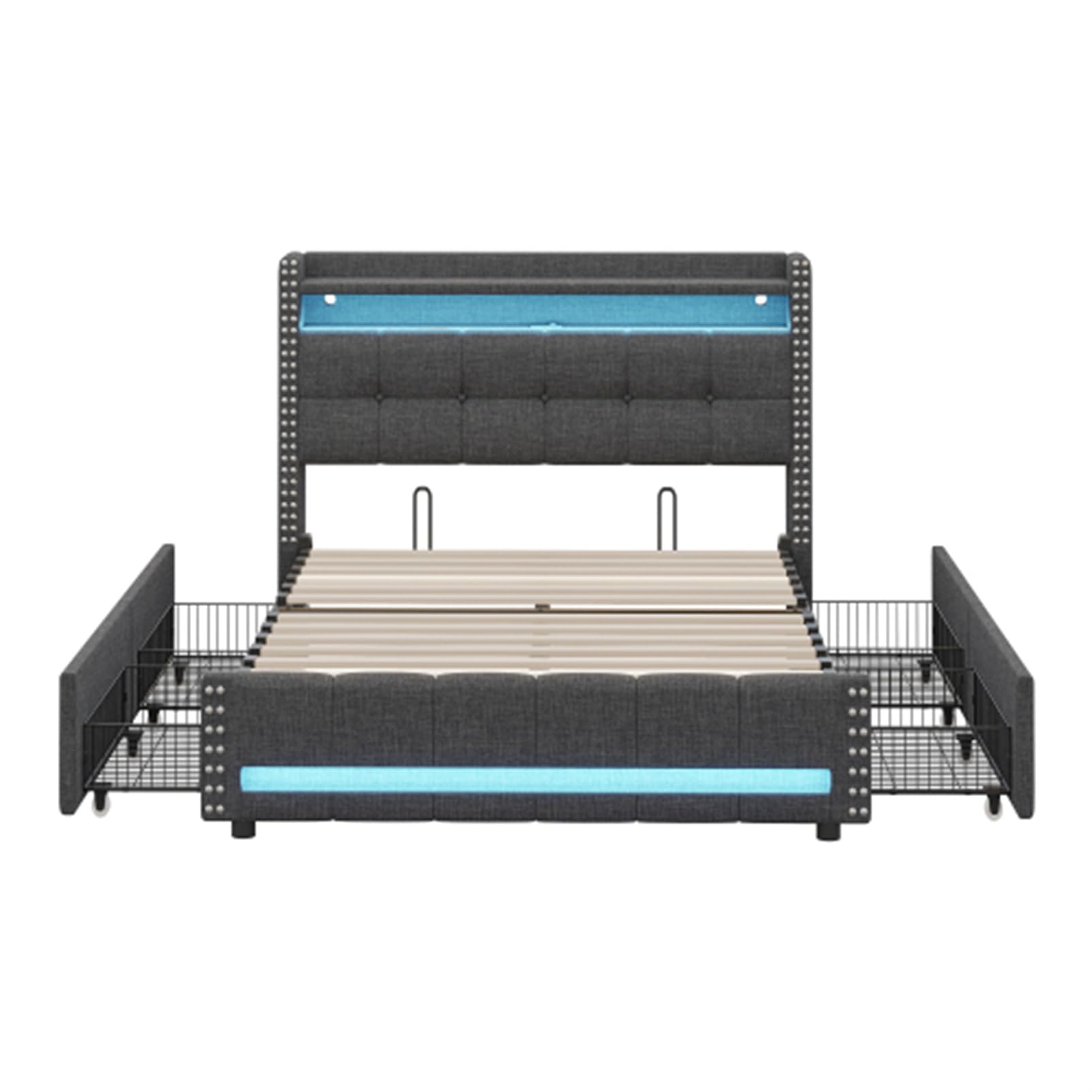 Letto imbottito con illuminazione a LED e presa USB letto matrimoniale testiera con ripiani e contenitore letto tessuto di lino per adulti familiare letti per ospiti grigio con cassetto 140x200
