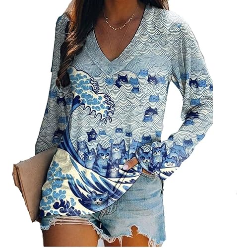 Blue Waves And Cats Print Long Sleeve Cute Wave Of Blue Cats Funny Sweatshirt Hoodie