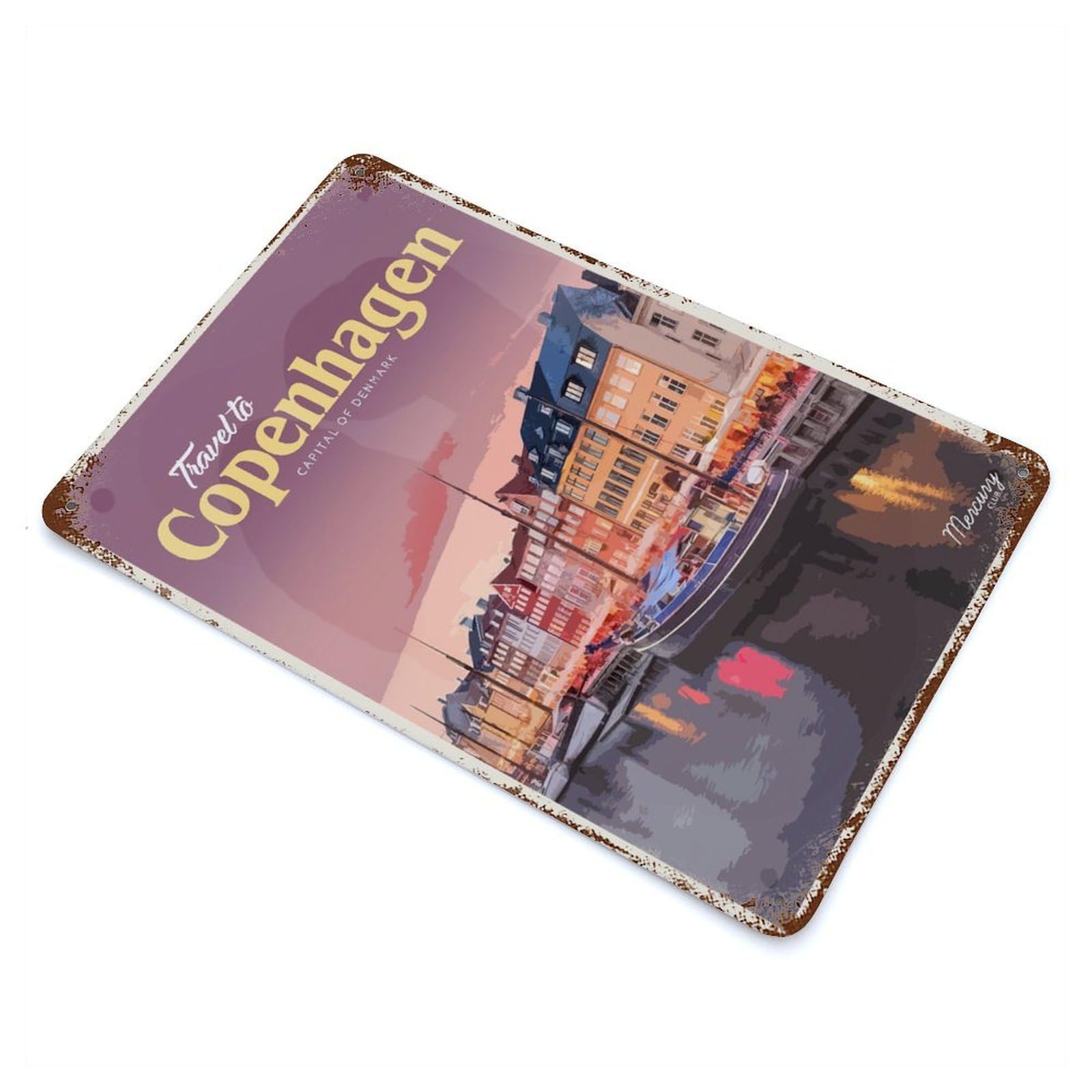 Rust Effect Visit Copenhagen Weathered Tin Sign 11.8"x7.9", Shabby Chic Decor for Patio, Garden Room And Bar Decor