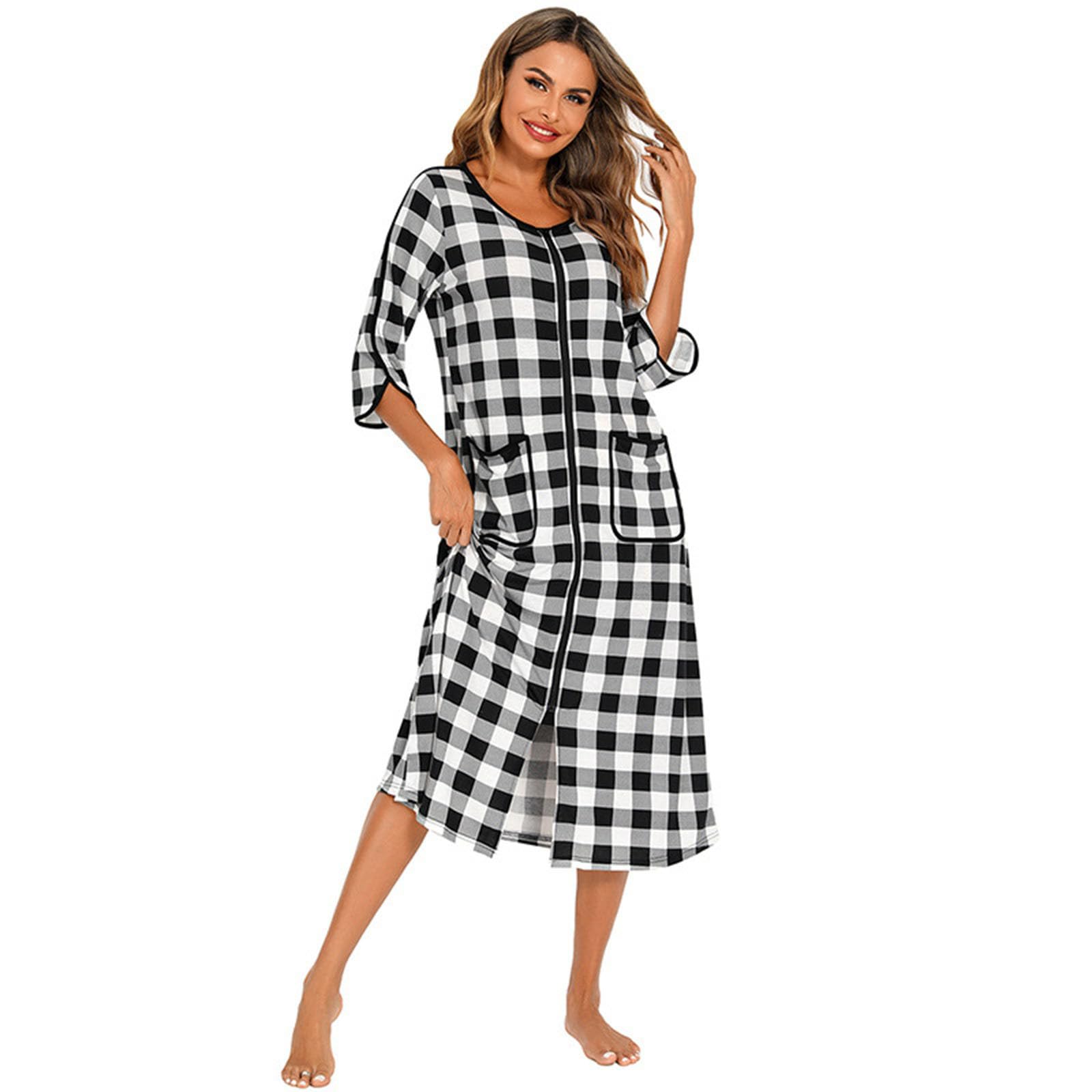 Plaid Print Robes for Women 2024 Fall Winter Classic Bathrobe with Pocket Round Neck 3 4 Sleeve Comfy