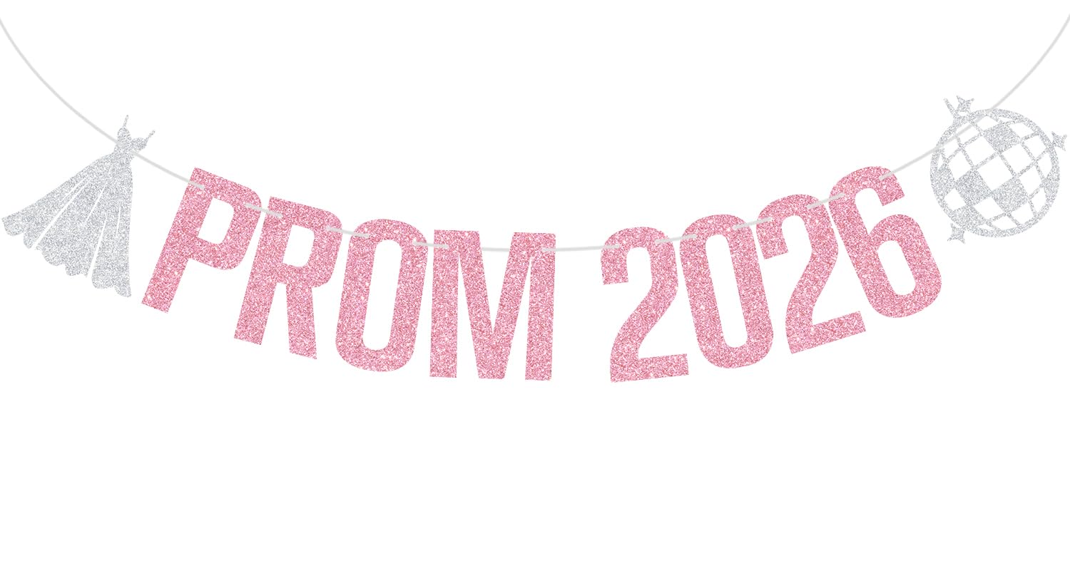 Pink Glitter Prom 2026 Banner, Princess Dress Disco High Shcool College Prom Signs Photo Props, 2026 Graduation Party Decorations Supplies