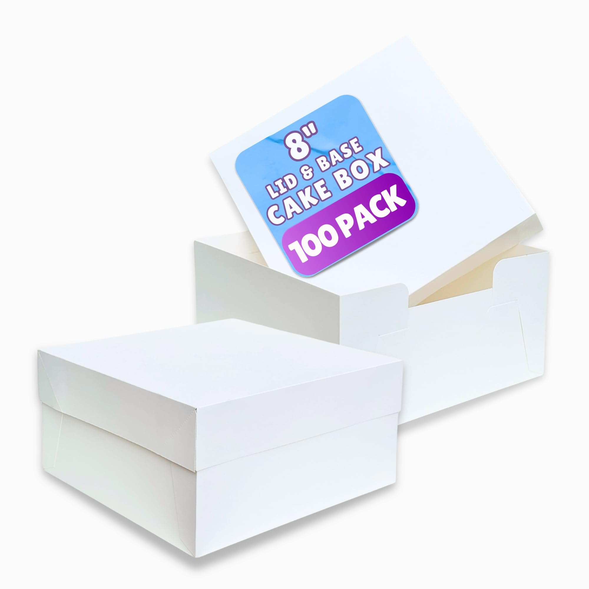 PACK N TRADE White 8 Inch Cake Box, Pack of 100 Square Cardboard Cake Boxes with Lids (8 x 8 x 5 Inches), Ideal for Safely Carrying and Transporting Cakes