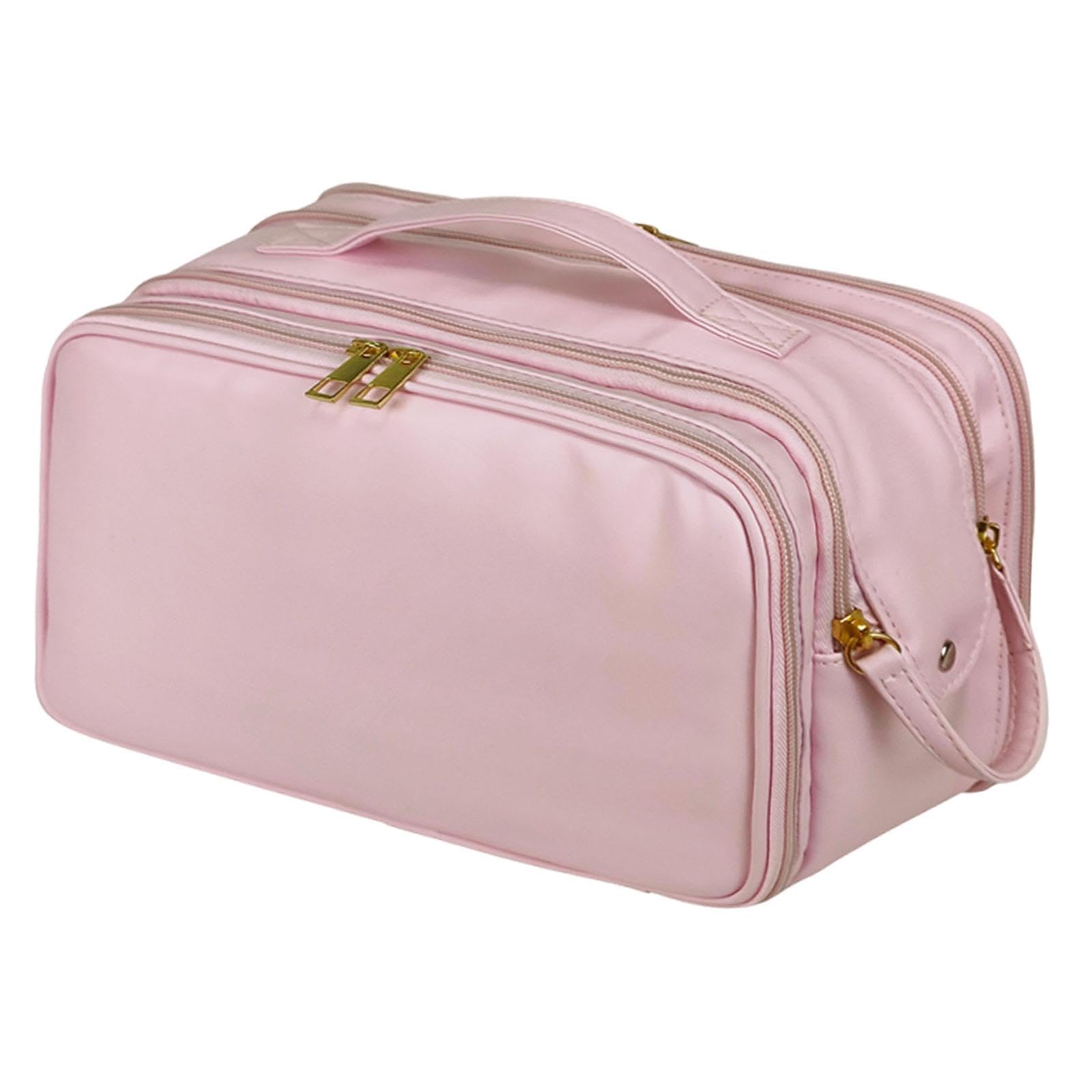 perfk Borsa da viaggio per cosmetici, per trucco, portatile, spaziosa, con portapennelli, robusta custodia per il trasporto, Rosa