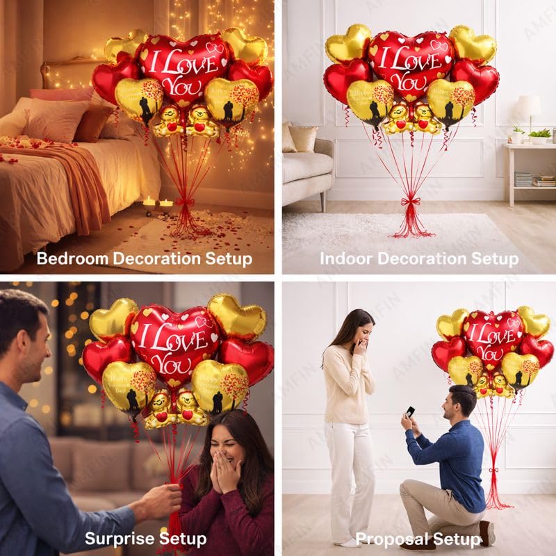 Image of AMFIN (Pack of 7) Happy Valentine's Day Foil Balloon Bouquet I Love you Teddy Heart Romantic Decoration Item - Red Gold