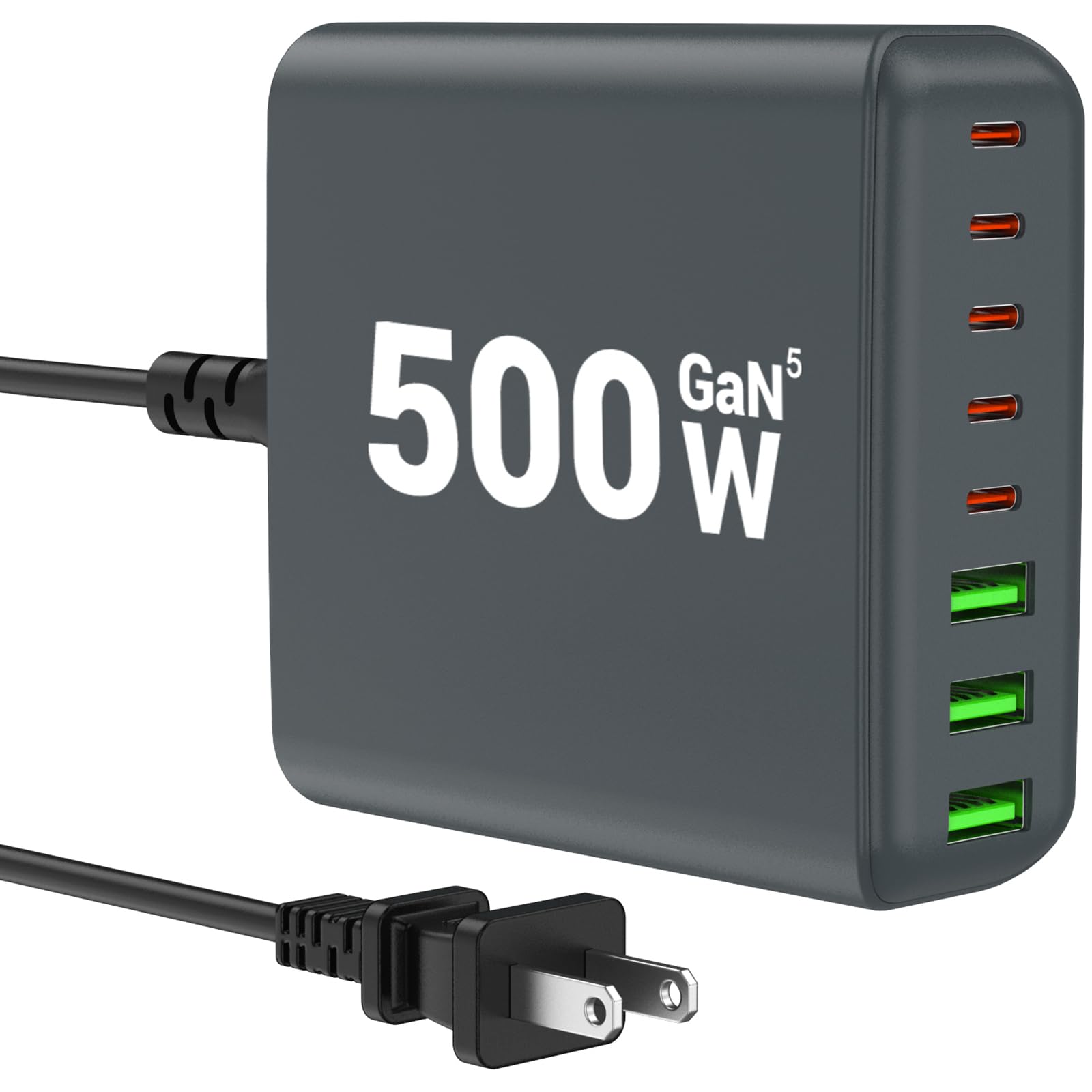 BURUDU Bloc de charge USB C 500 W, station de charge USB C à 8 ports, charge rapide PD 120 W, adaptateur de chargeur pour ordinateur portable MacBook Pro/Air/tous les iPad, DELL, iPhone 17/16/15/14/13
