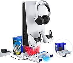 NexiGo PS5 Vertical Stand with Headset Holder and AC Adapter for PS5 Disc & Digital Editions, RGB LED Light, Dual Controllers Charger, 12 Game Rack Organizer, Hard Drive & Remote Slots, White RGB