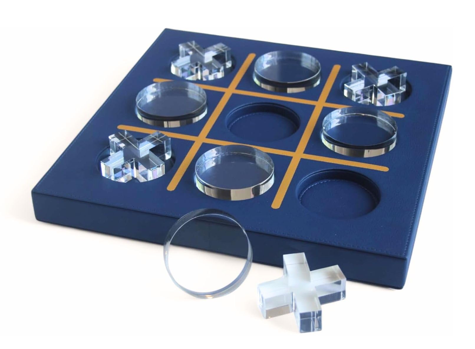 Modern Tic Tac Toe for Decoration, Tic Tac Toe Game with Blue Leather and Acrylic Pieces, Decorative Tic Tac Toe, Table Top Decoration, Housewarming Gift