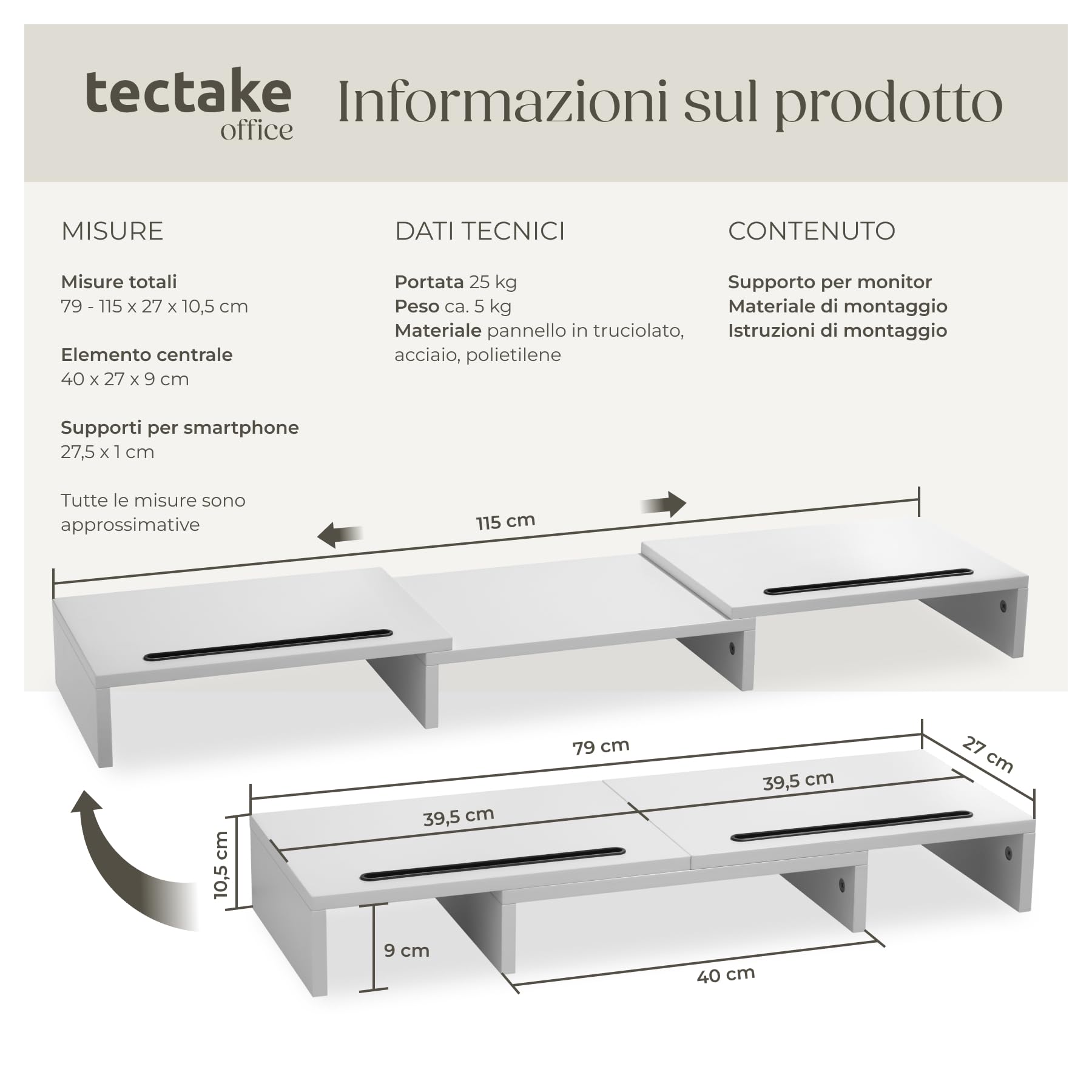 tectake® Supporto Monitor a 3 Pezzi, Rialzo Monitor Design Ergonomico, Supporto per Monitor con Parti Regolabili e Girevoli, Spazio per Accessori, 2 Supporti per Smartphone - Bianco
