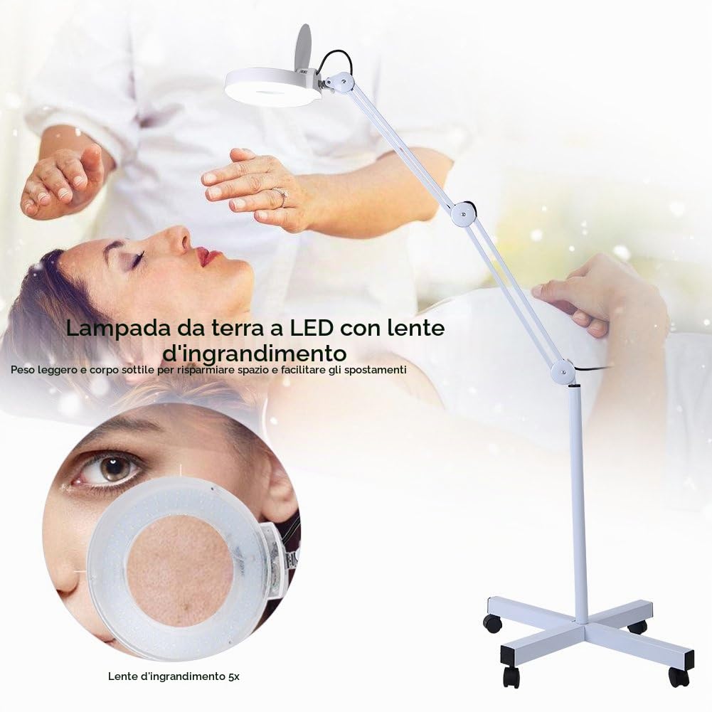 Wakects 5X Lampada con Lente d' ingrandimento a LED, Lente 5 DIOTTRIE d'Ingrandimento con 4 Ruota, Luce per Estetista Laboratorio e Lavori di Precisione, Bianca, 15W