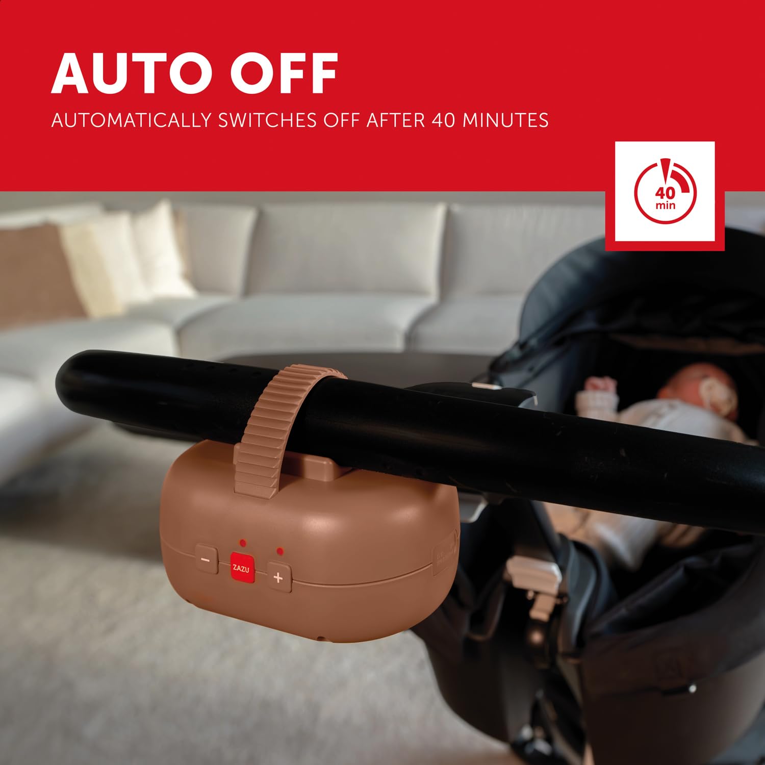 ZAZU Robby Balancín Automático para bebé: ajustable, temporizador de 40 min, sensor de llanto, batería recargable USB, resistente al agua, diseño universal para cochecitos y buggies (Marrón)