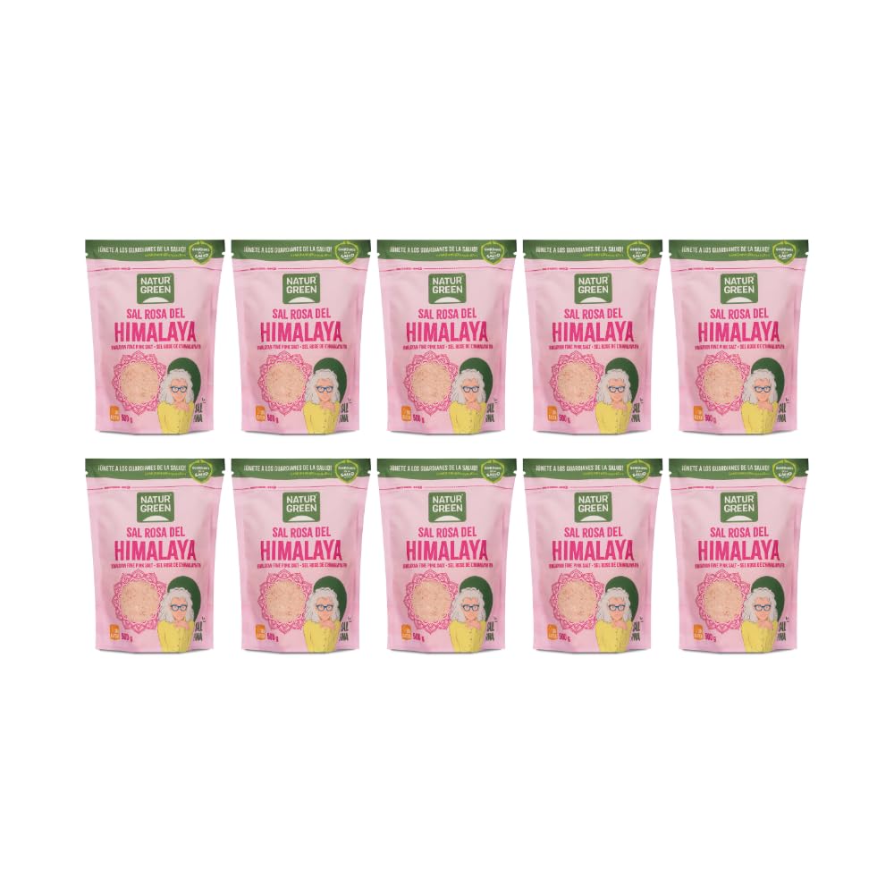 NaturGreen - Sal Rosa del Himalaya Fina Pack 10 x 500 g, Mineral 100% Pura y Natural, Sin Refinar, Sin Aditivos, Envase con Cierre ZIP, Calidad Gourmet, Ideal para Cocina Diaria