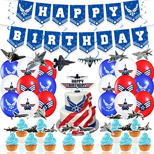 ETTBC U.S. Air Force FêTe à ThèMe Bleu BannièRe Avion Joyeux Anniversaire GâTeau Taille Carte Carte Ballon DéCoration Accessoires Cover