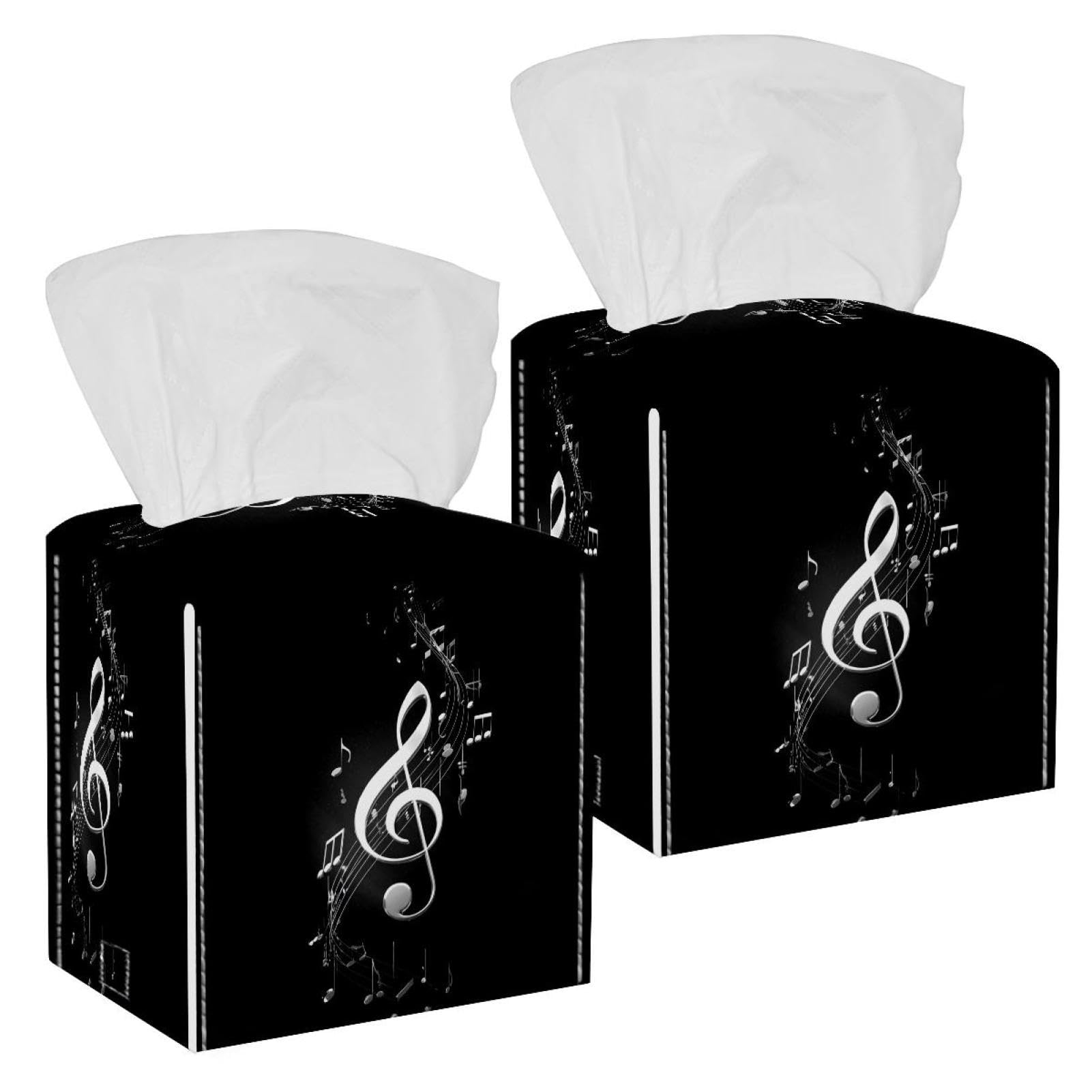 Musical Notes Tissue Box Cover, 2 Pack PU Leather Square Facial Tissue Dispenser Box holder for Home Office Car