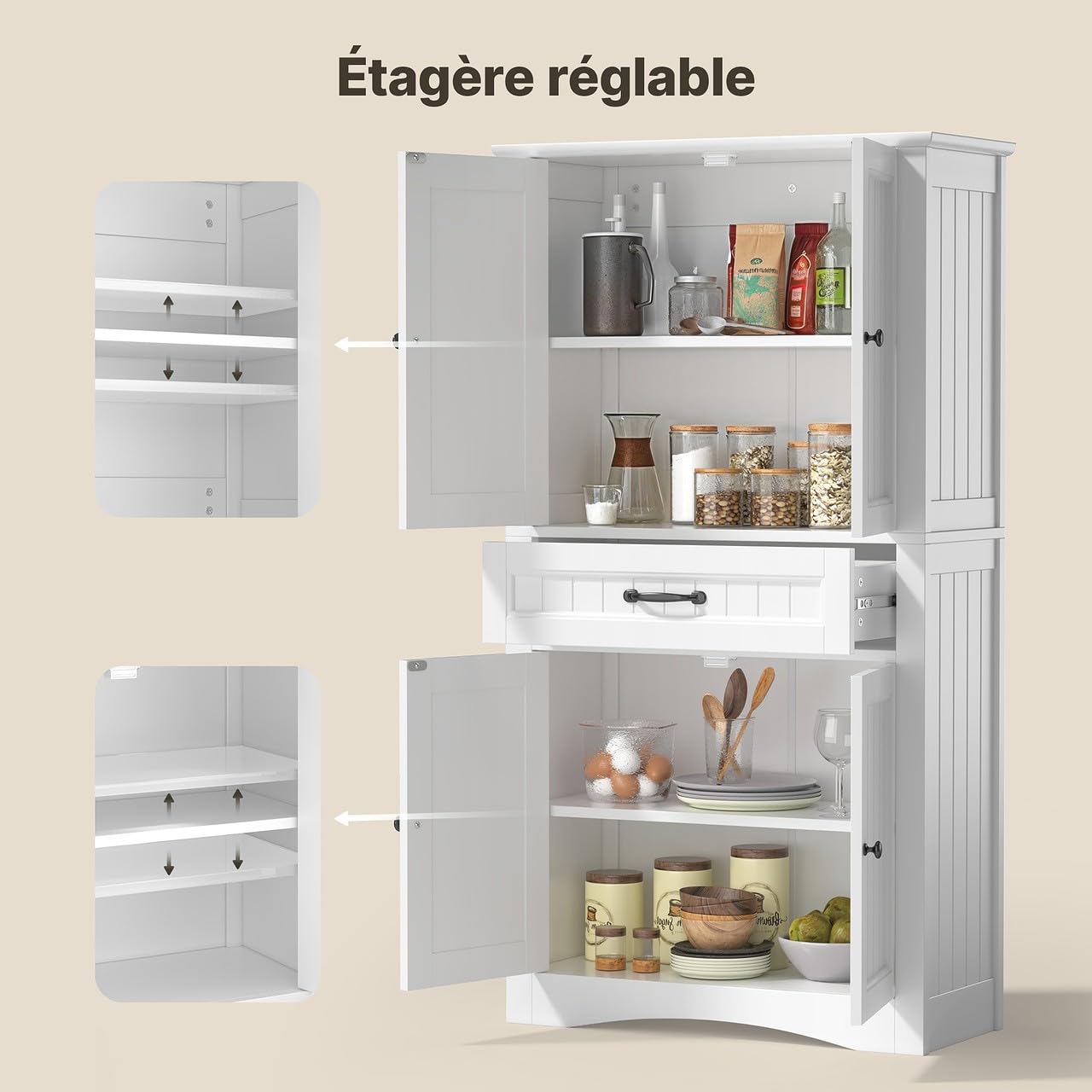 Xbro Armoire de salle de bain, avec 2 portes et 1 tiroir, armoire réglable pour salle de bain, cuisine, salon ou bureau, 73 x 130 x 31 cm, blanc