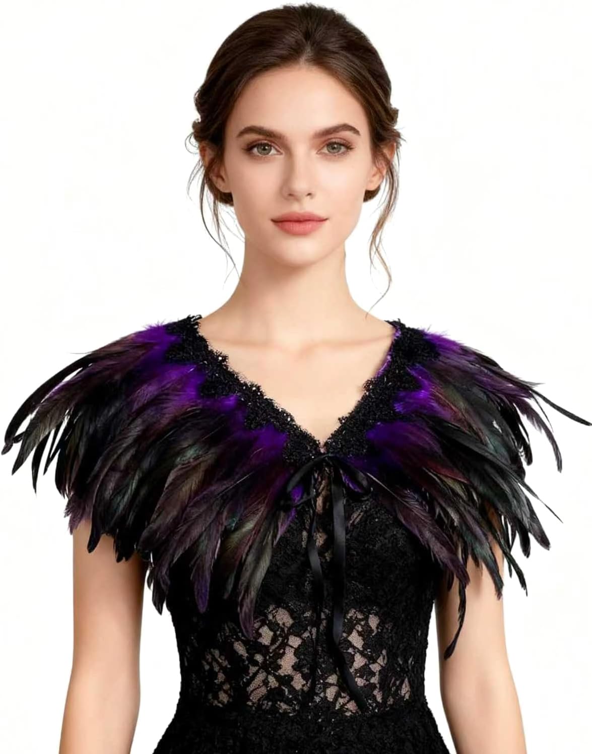 ZAKIA Women's Black Natural Feather Shawl Cape Gothic Feather Shrug Poncho Collar Halloween Cosplay Costume - Image 2