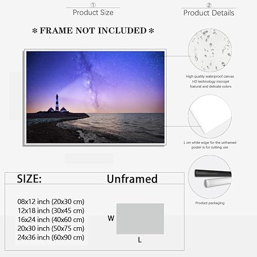 Miniatura 2 de Decoración de paisaje retro, faro en la noche con cielo estrellado, póster estético, adhesivo de pared para salas de estar, dormitorios y decoración