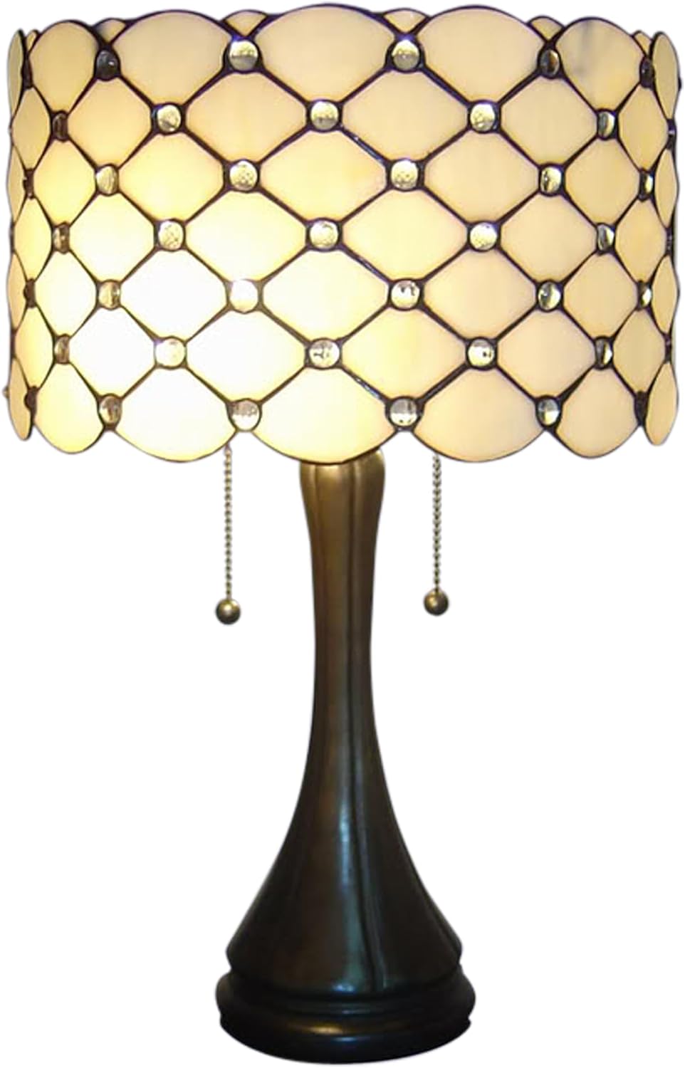 Serena D'italia Tiffany Style Table Lamp Contemporary, Diamond Pattern Stained Glass Lamp with Jewels, Standing Lamp with Double Pull Chain (White)