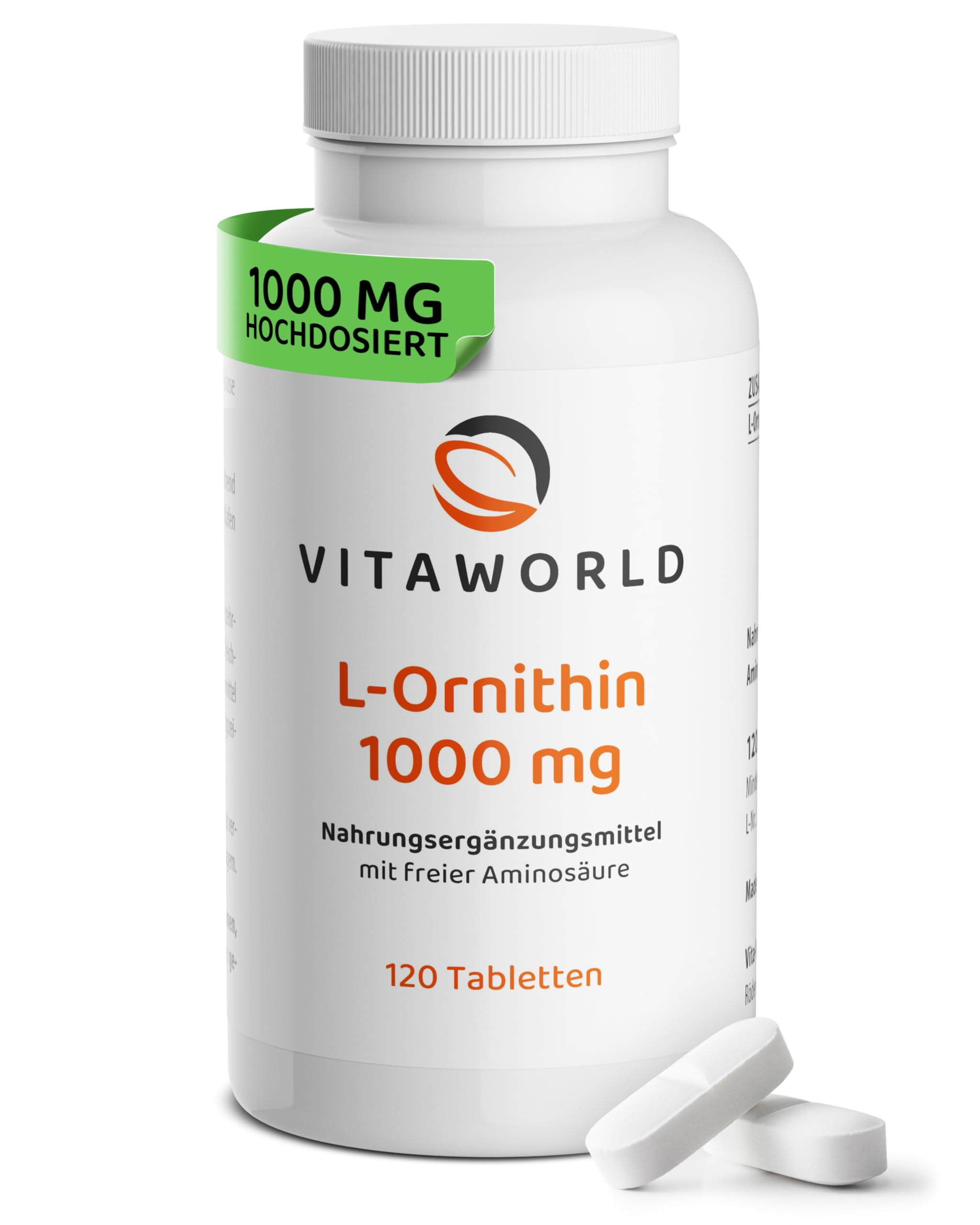 L-Ornithin Tabletten – L Ornithin hochdosiert 1000mg pro Tag (120 vegane Tabletten) – ideal zur Ergänzung bei erhöhter Eiweißzufuhr – laborgeprüft, ohne Zusätze, glutenfrei und laktosefrei – vitaworld