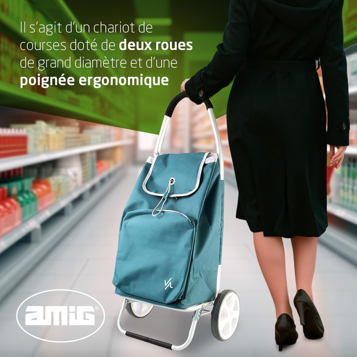 Amig - Chariot de Courses à 2 Roues - Sac Ajustable - Aluminium léger - Charge maximale : 15 kg - Capacité : 50 L - Dimensions : 95 x 45,5 x 12 cm - Couleur : Vert