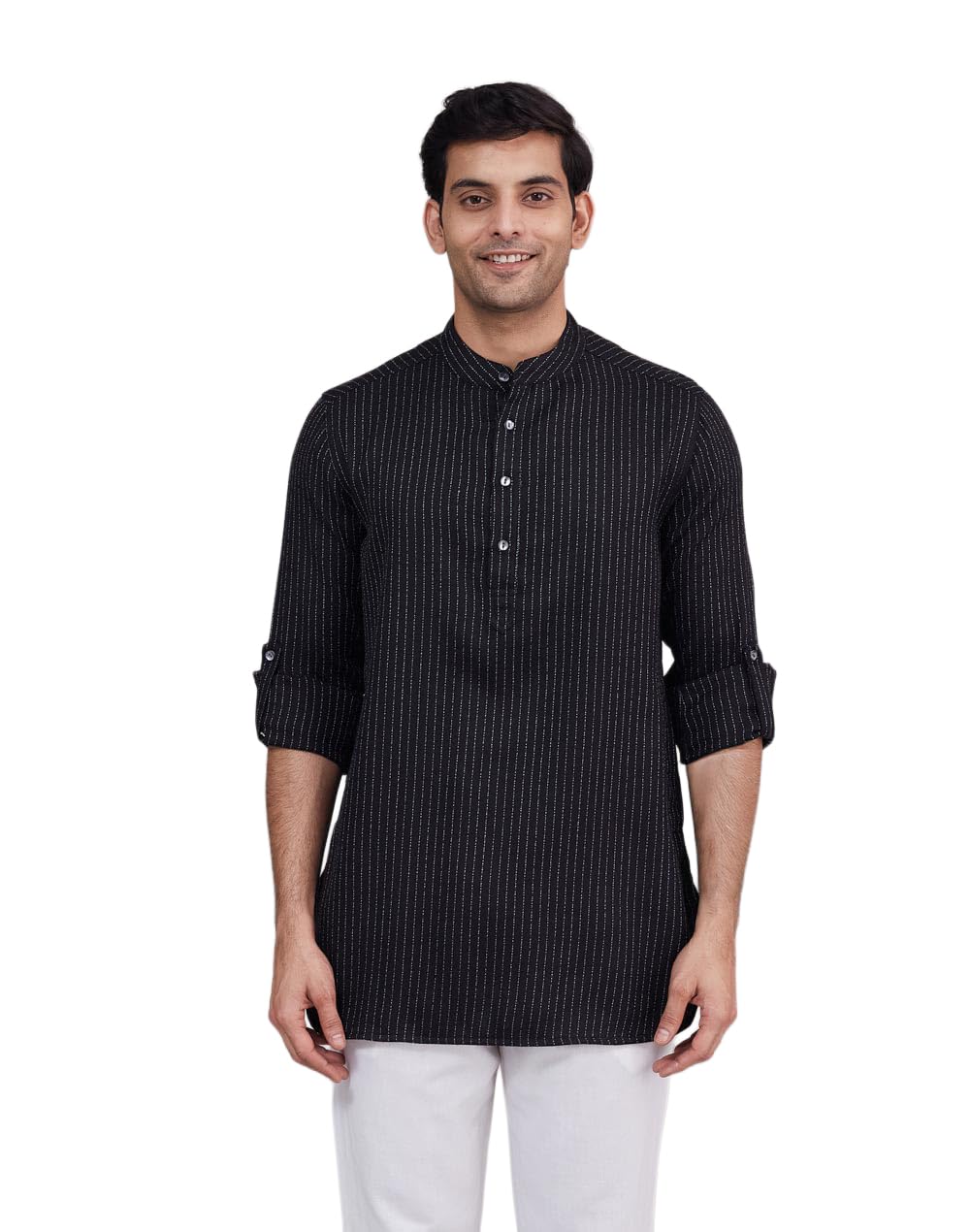 Men Fabindia Men's Black Wool Stripe Slim Fit Short Kurta-picture-10