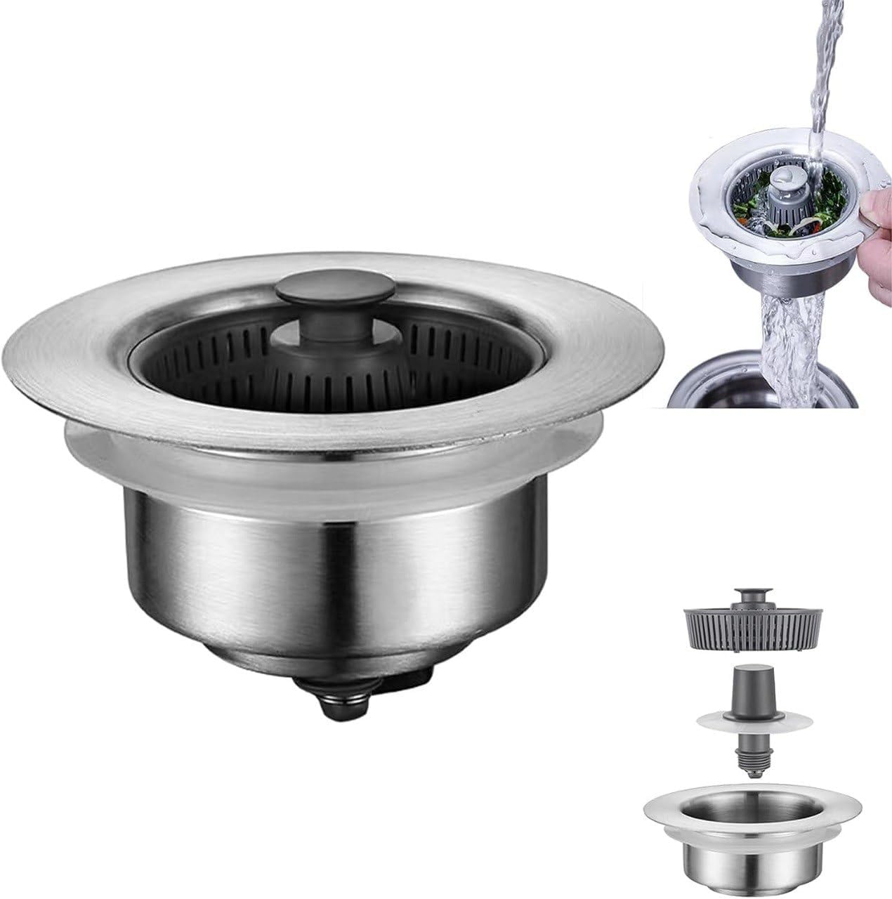 RIDHMIN 3 in 1 Kitchen Sink Drain Strainer - Stopper Set, Stainless Steel Kitchen Sink Stopper, Pop Up Anti-Clogging Sink Strainer Basket Filter Standard 3-1/2 inch Drain Sink