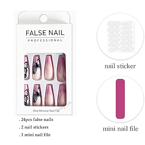 Miniatura 5 de Uñas postizas a presión de bailarina, uñas postizas largas con forma de ataúd de mariposa negra, uñas acrílicas rosas mate, uñas acrílicas de