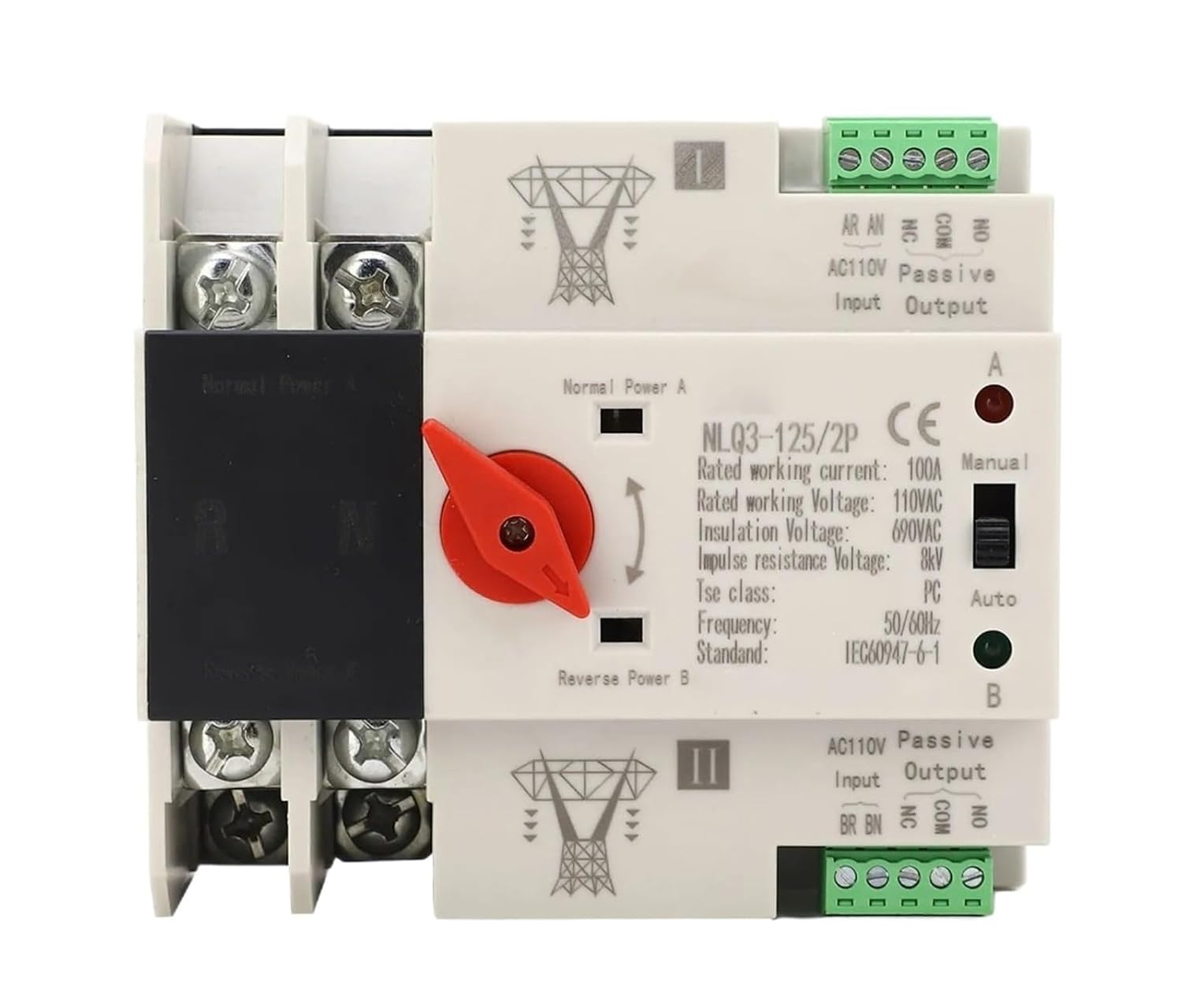 Power Automatic Transfer Switch 35mm Rail Mounting 2P ATS Generator Transfer Changeover Switch AC 110V 100A