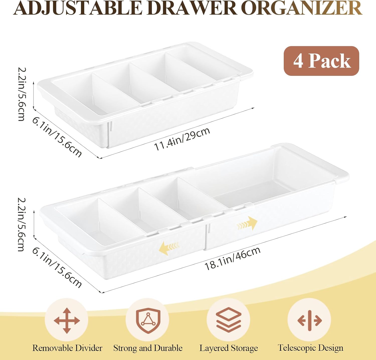 4 Pcs Expandable Drawer Organizer Bins Adjustable Deep Drawer Hanging Organizer Tray Expandable 11.4 to 18.1 Inches Plastic Dividers Storage for Office Bathroom Bedroom Kitchen Desk, White