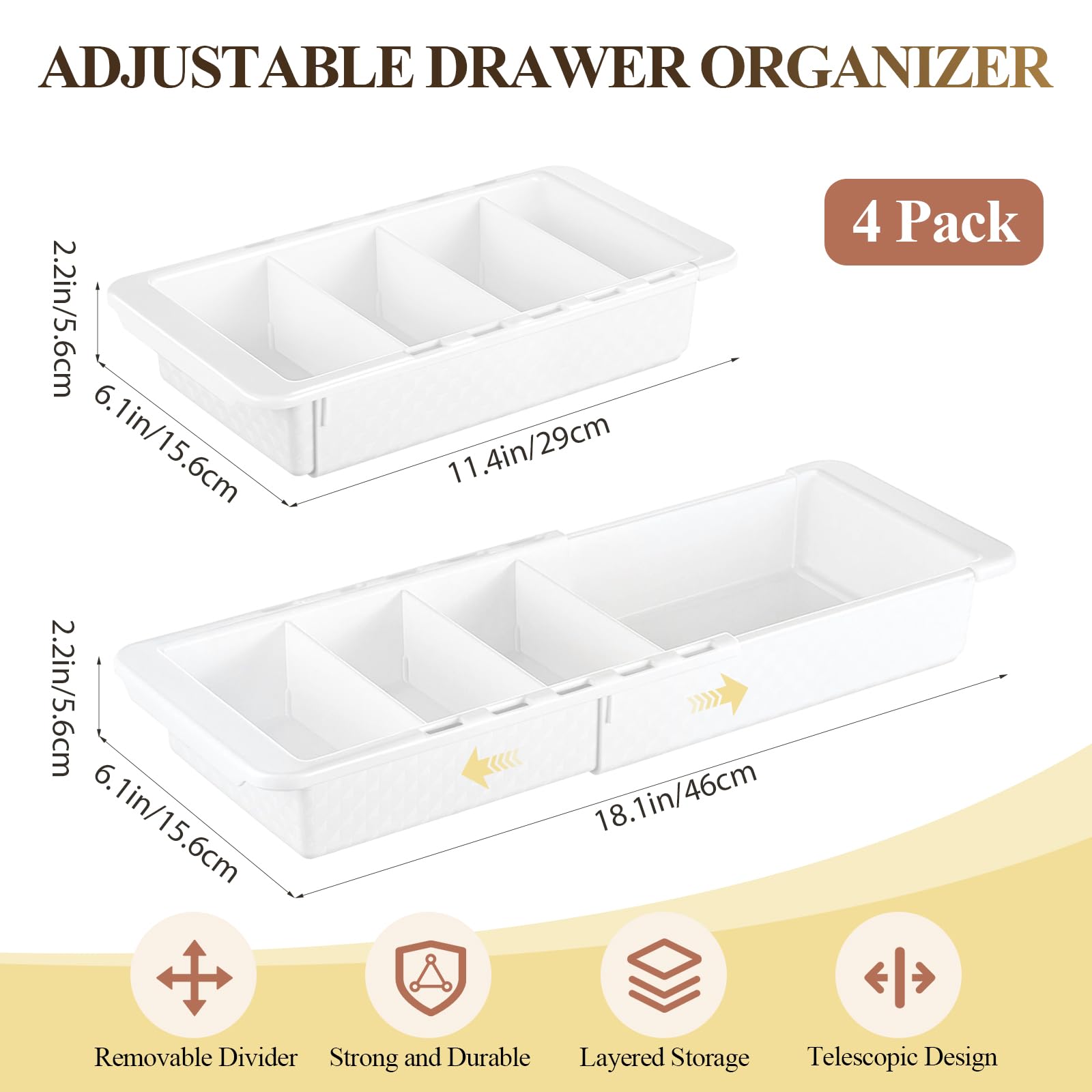 4 contenitori espandibili per cassetti, regolabili, profondi, da appendere, vassoi espandibili da 20 a 46 cm, divisori in plastica per ufficio, bagno, camera da letto, cucina, scrivania