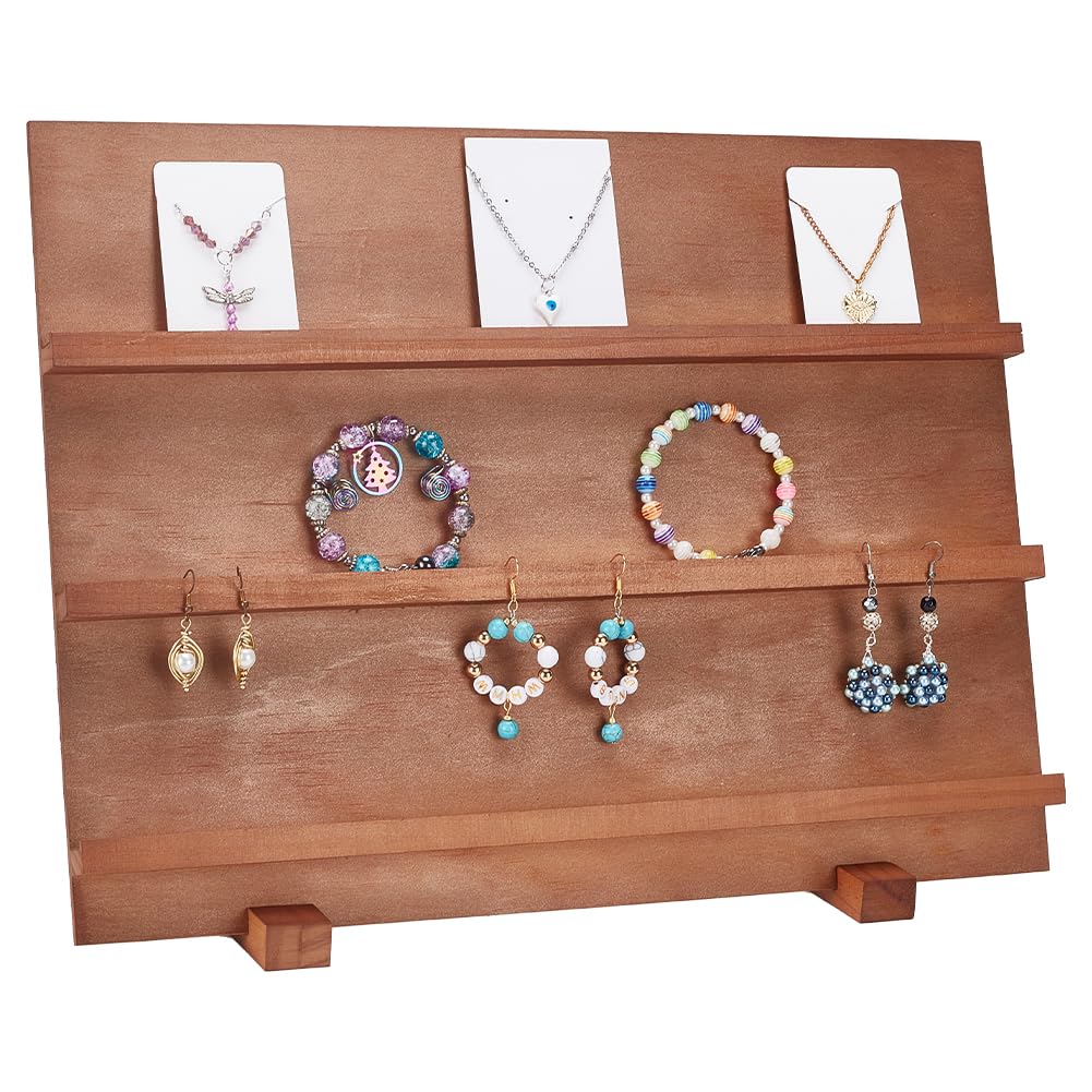 PH PandaHall 3 Tier Earring Card Display Stands, Wooden Jewelry Display Stand Rack Removable Shelves Rack Earring Display Card Holder for Displaying Selling Bookmarks Stickers Jewelry Keychains