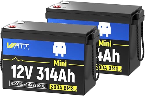 WattCycle Mini batería LiFePO4 de 12 V, 300 Ah (314 Ah), 200 A BMS 4.01 kWh IP65 impermeable, 15000 ciclos de corte a baja temperatura, cables