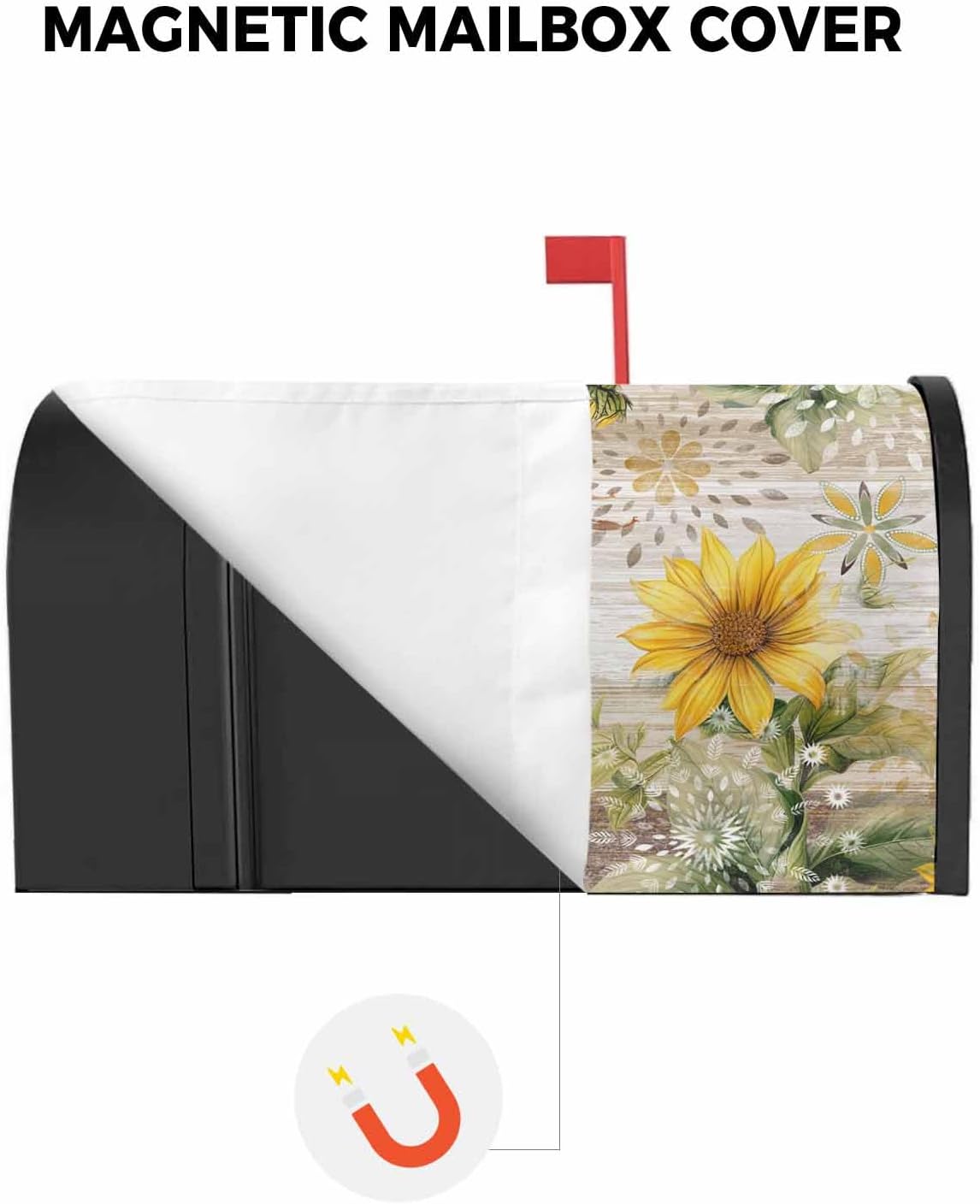 Bee Floral Mailbox Covers Magnetic Standard Size, Decorative Post Letter Numbers Box Wrap Decoration Covers Small Accessories for Garden Yard Outdoor Décor Retro Sunflower Spring Summer Country Wood
