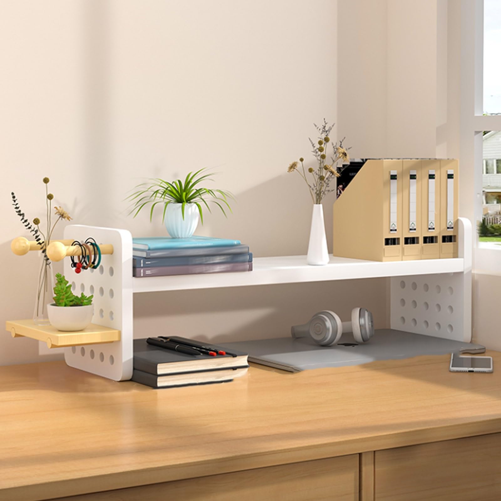 Estante de escritorio de madera blanca, multiusos para oficina en casa, 40 x 15 x 22 cm / 15.7x5.9x8.7in, y funcional para dormitorio y trabajo