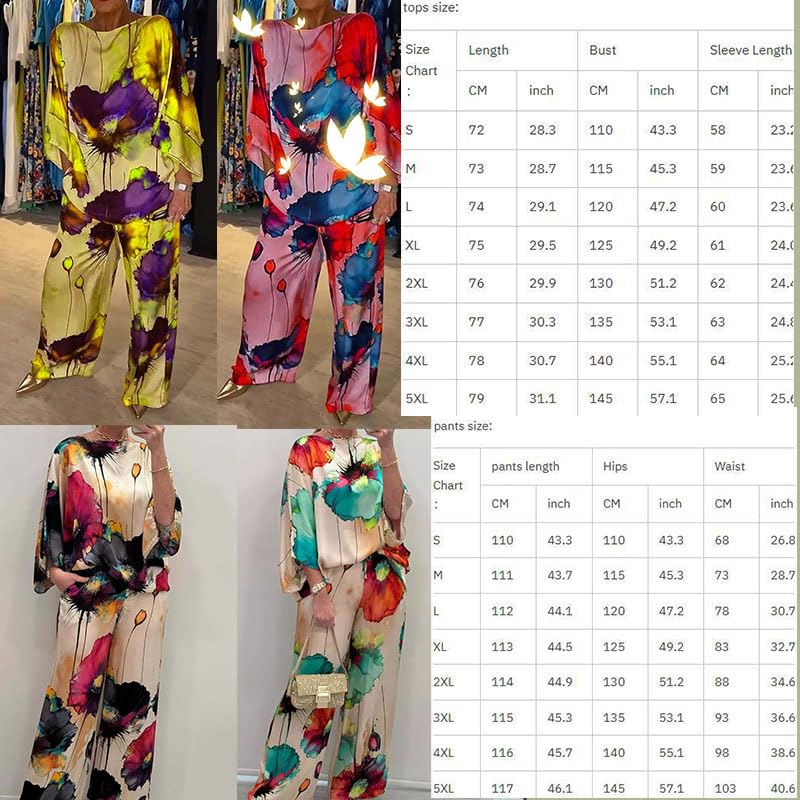 Casual Crew Neck Printed Satin Suit for Women,One-Shoulder Neck Loose Bat Sleeve Top Wide-Leg Trousers Pants Sets3