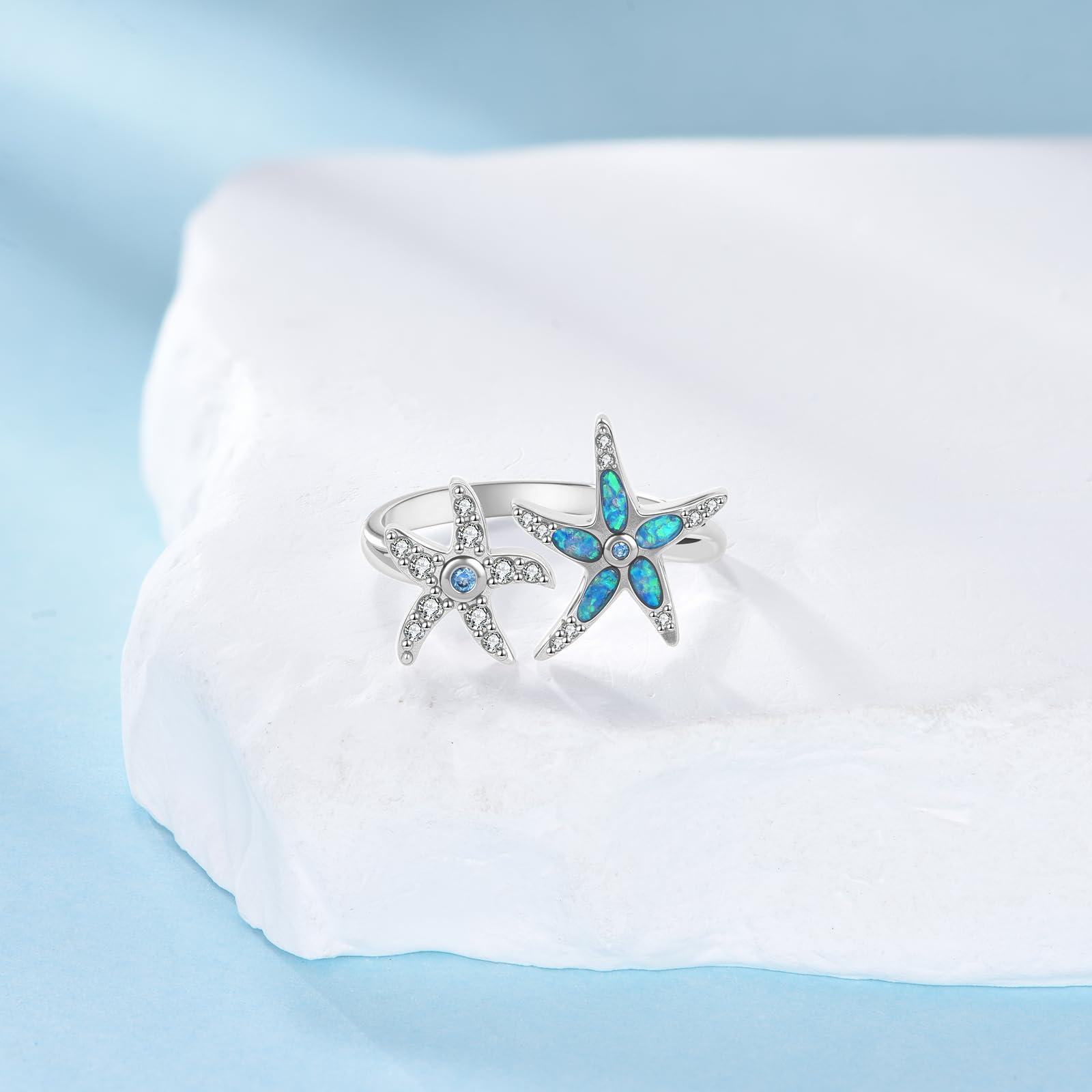 KZX Anillo de plata de ley 925 con apertura ajustable, diseño de estrella de mar, loto, tortuga marina, libélula, búho, joyería de animales, regalos para mujer, One Size, Plata de ley, Sin piedra