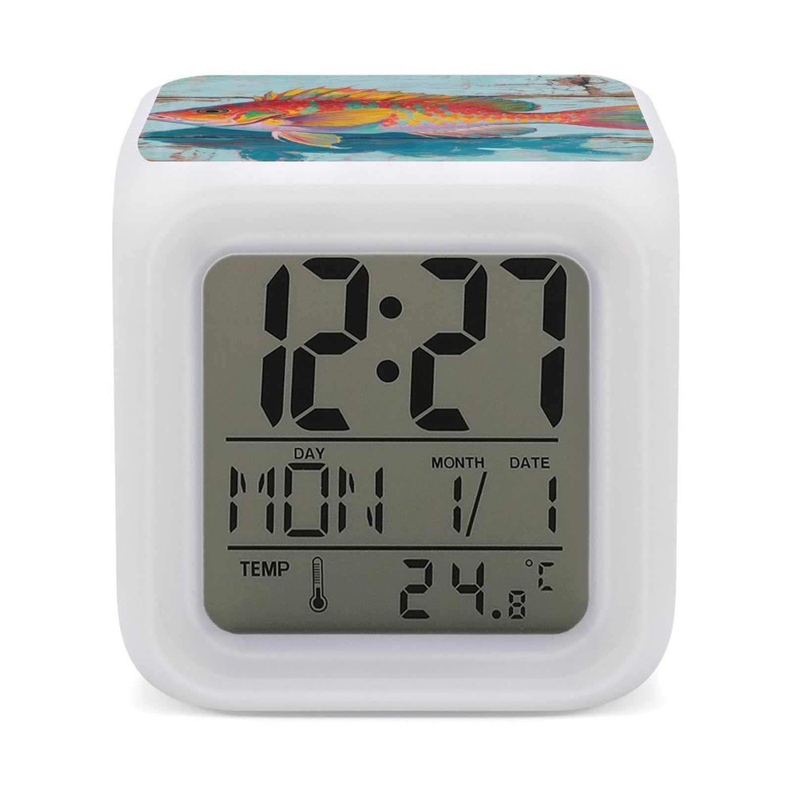 DWVTSLH Fish Alarm Clock with 7 Color Changing Night Light, Wake Up Digital Clock for Bedroom, Bedside Cube Clock with Date, Temperature, Battery Operated Desk Clock Gift