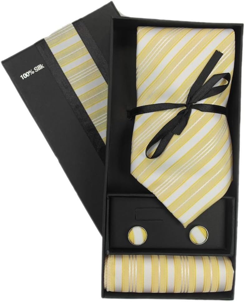 Mens Yellow and White Silk Tie Set: Necktie+hanky+cufflinks