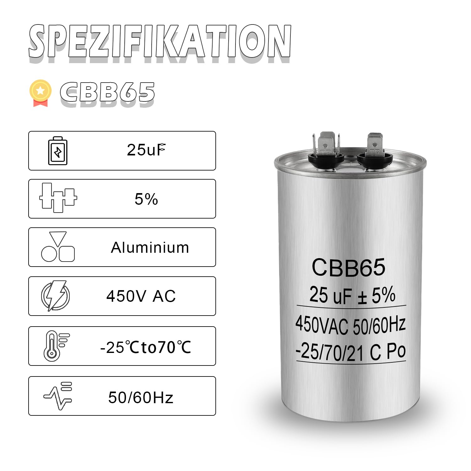 Condensatore motore CBB65 25uF 450V AC 50/60Hz auto-guarigione alloggiamento metallo per aria condizionata