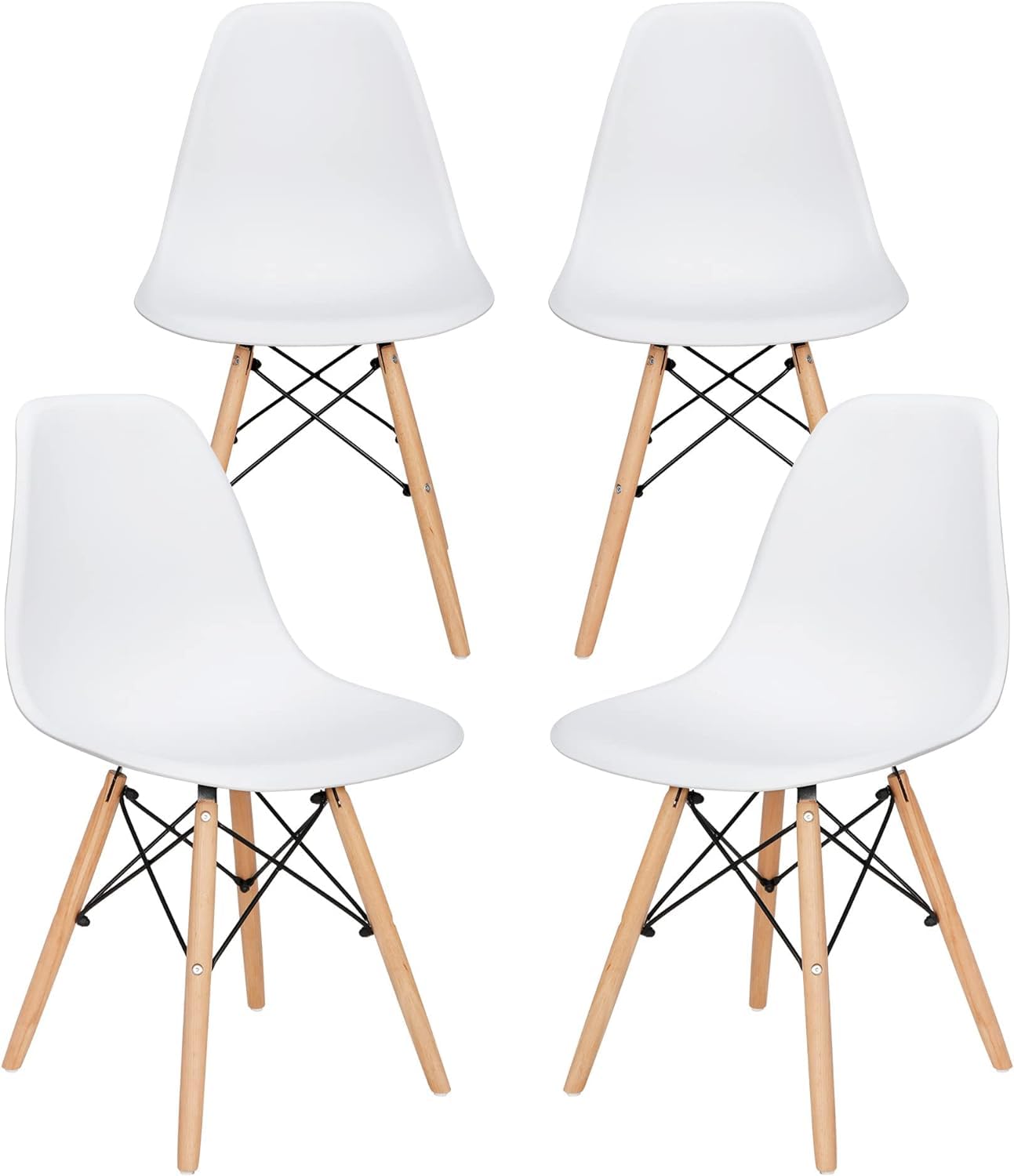 SKY-TOUCH Modern Dining Chair Dining Side Chairs set of 4, Simple Office Chair, Lounge Shell Chair with Folding Wood Legs and Plastic Seat, for Kitchen, Dining, Bedroom, Living Room,White