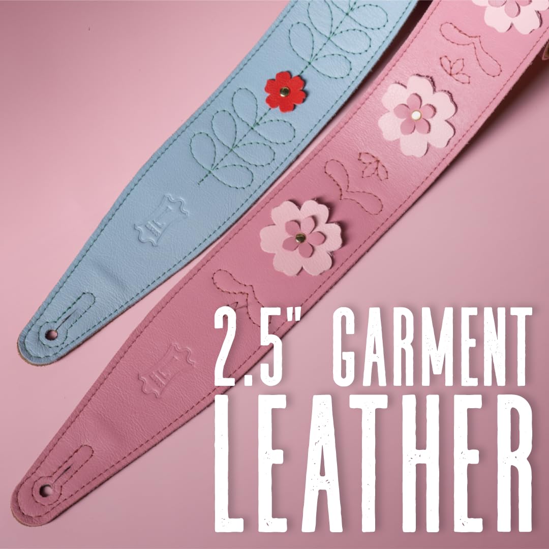 Levy's In Bloom Series Genuine Leather 2.5" Guitar Strap with Flower Appliques - Wild Flower and Sky Blue (MG317IB-002) - Image 2