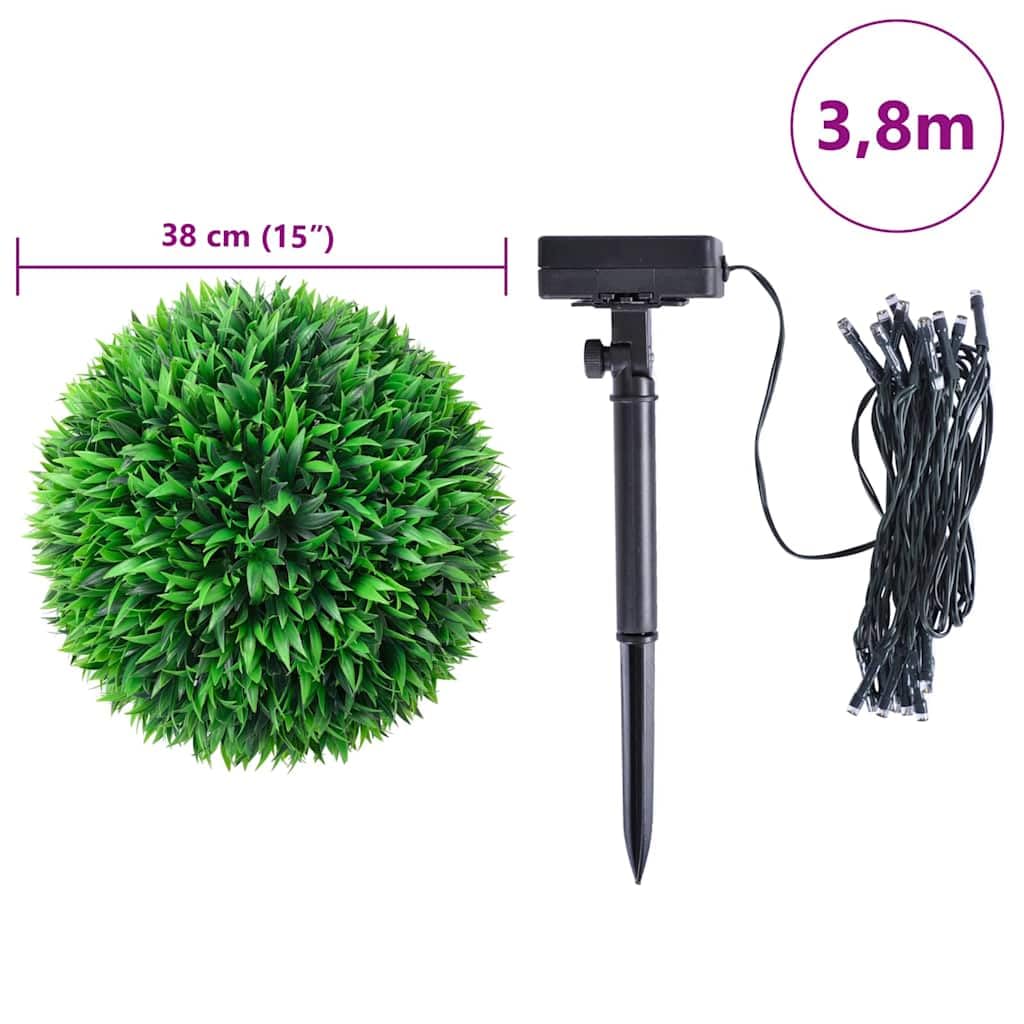 2 x sztuczne kule bukszpanowe 38 cm, solarny łańcuch świetlny LED, dekoracyjny zestaw sztucznych roślin, do ogrodu, na taras, do salonu