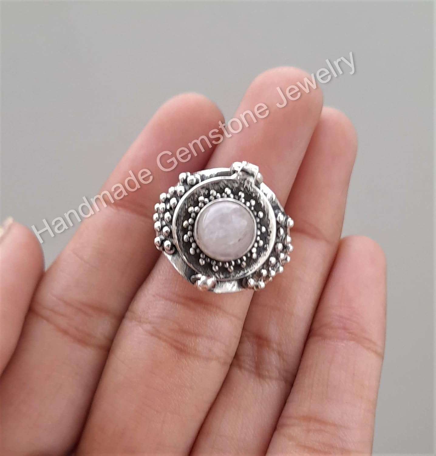 Rainbow Moonstone Ring, Blue Flash Ring, Poison Box Ring, Round Stone Ring, June Birthstone Ring, Artisan design Ring, Poisoner Ring, Pillbox Ring, Antique Poison Ring, Openable Ring