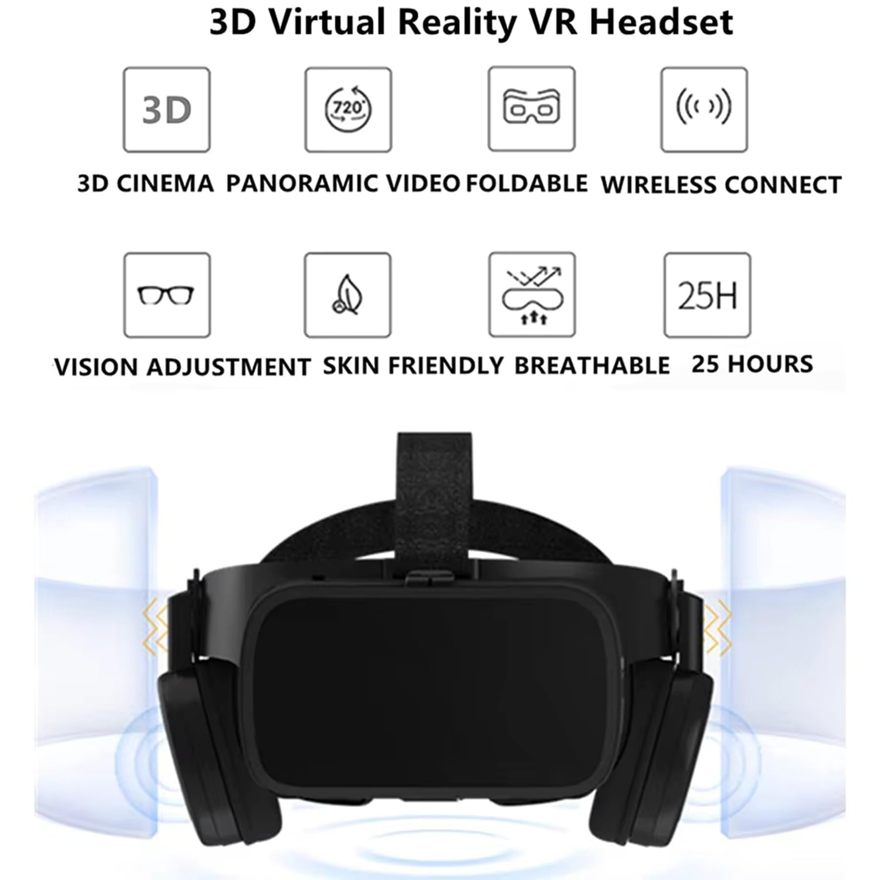 3D-Virtual-Reality-Headset für Erwachsene und Kinder, 3D-VR-Spiele, Filme, kabellose VR-Brille für iPhone und Android-Handys, faltbare VR-Brille mit Bluetooth-Headset, Schwarz