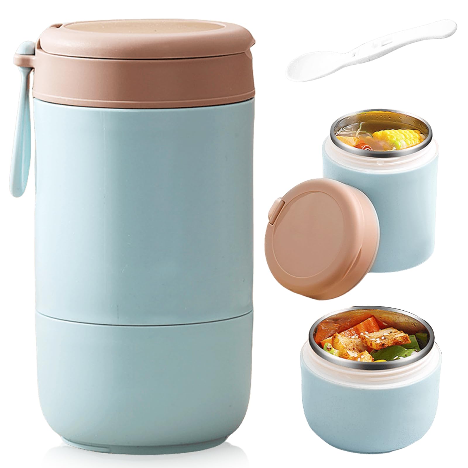 Contenitore termico in acciaio inox per mangiare: ciotola termica con cucchiaio, 800 ml, contenitore termico sottovuoto isolato, contenitore termico per bambini (blu)