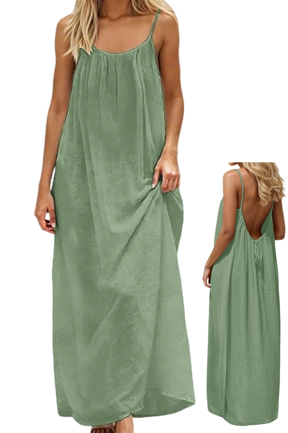 makabaky Sommerkleid Damen Lang Rückenfrei Spaghettiträger Strand Luftig