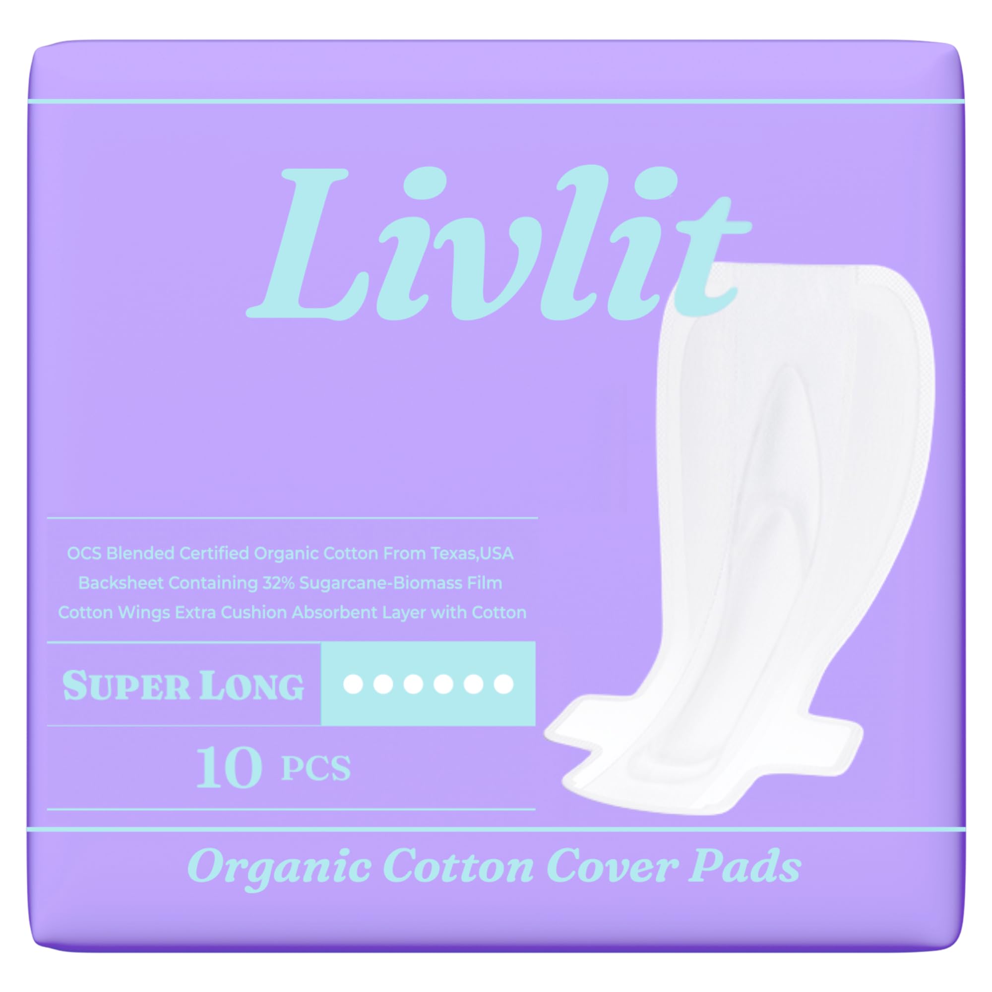Livlit Super Long Overnight Pads - 100% Organic Cotton from Texas, Heavy Absorbency, Powerful Leak Protection, Unscented, Extra Long Length (10 Count)