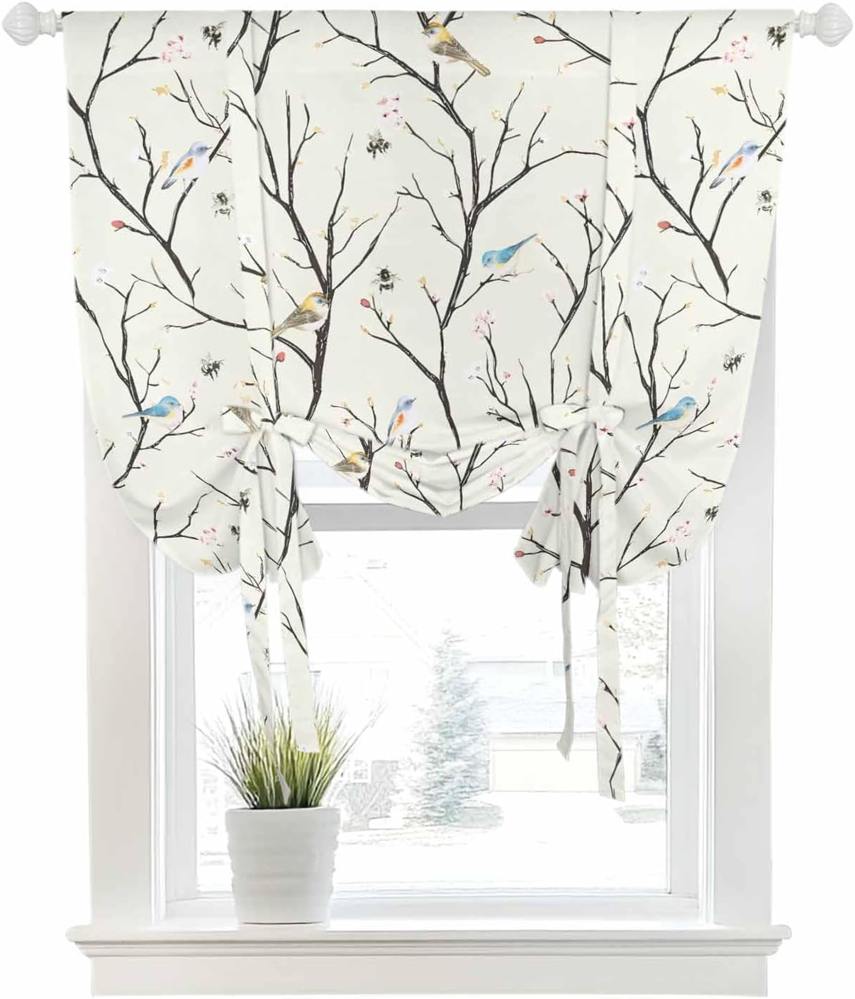 Tie Up Curtain for Windows Bird Balloon Window Shades for Bedroom Bathroom Adjustable Rod Pocket Vintage Floral Tree Branch Window Treatments Curtains Valance for Kitchen 52" W x 63" L