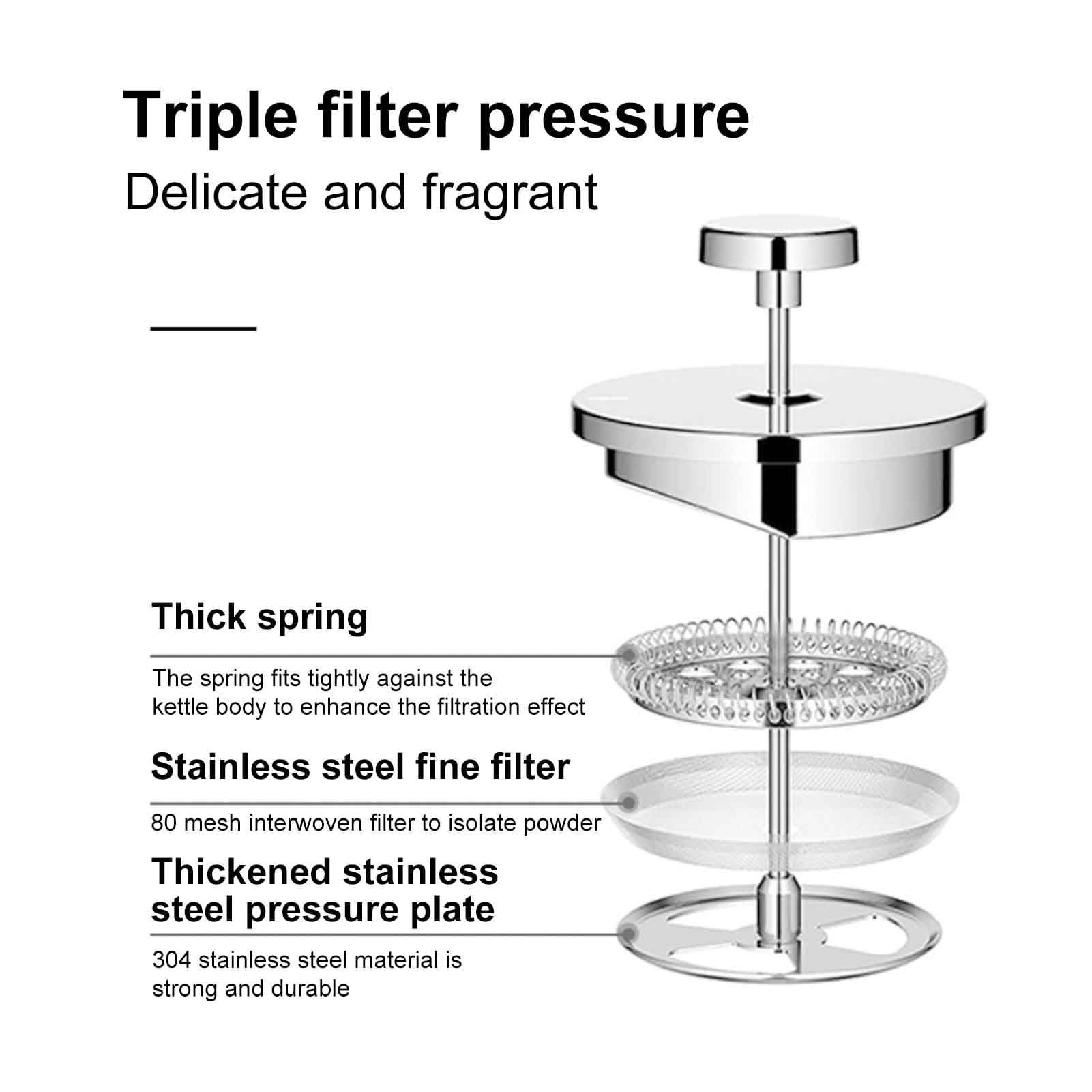 Cafetera de prensa francesa de 350 ml, cafetera de acero inoxidable 304 con aislamiento de doble pared, sistema de triple filtración para una preparación óptima, ideal para el hogar, oficina