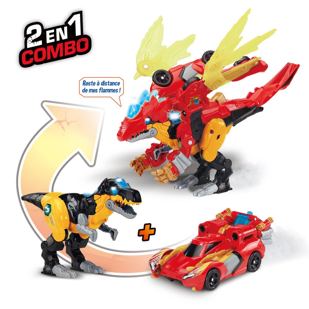 VTech - Switch & Go Dinos Combo Dragorex, Le Méga Dragon 2 en 1 - T-Rex Jouet Voiture de Course Transformable en Dragon Figurine Animé, Sons et Lumières - Cadeau Enfant Dès 4 Ans - Contenu en Français