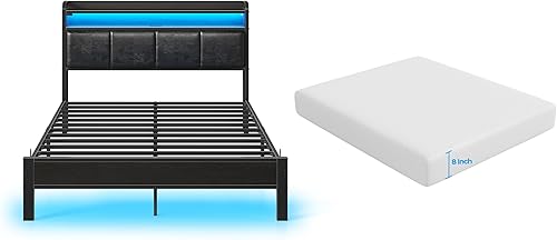 Miniatura 38 de Rolanstar Base de cama tamaño individual con estación de carga y luces LED, cabecera de piel sintética con estantes de almacenamiento, listones de